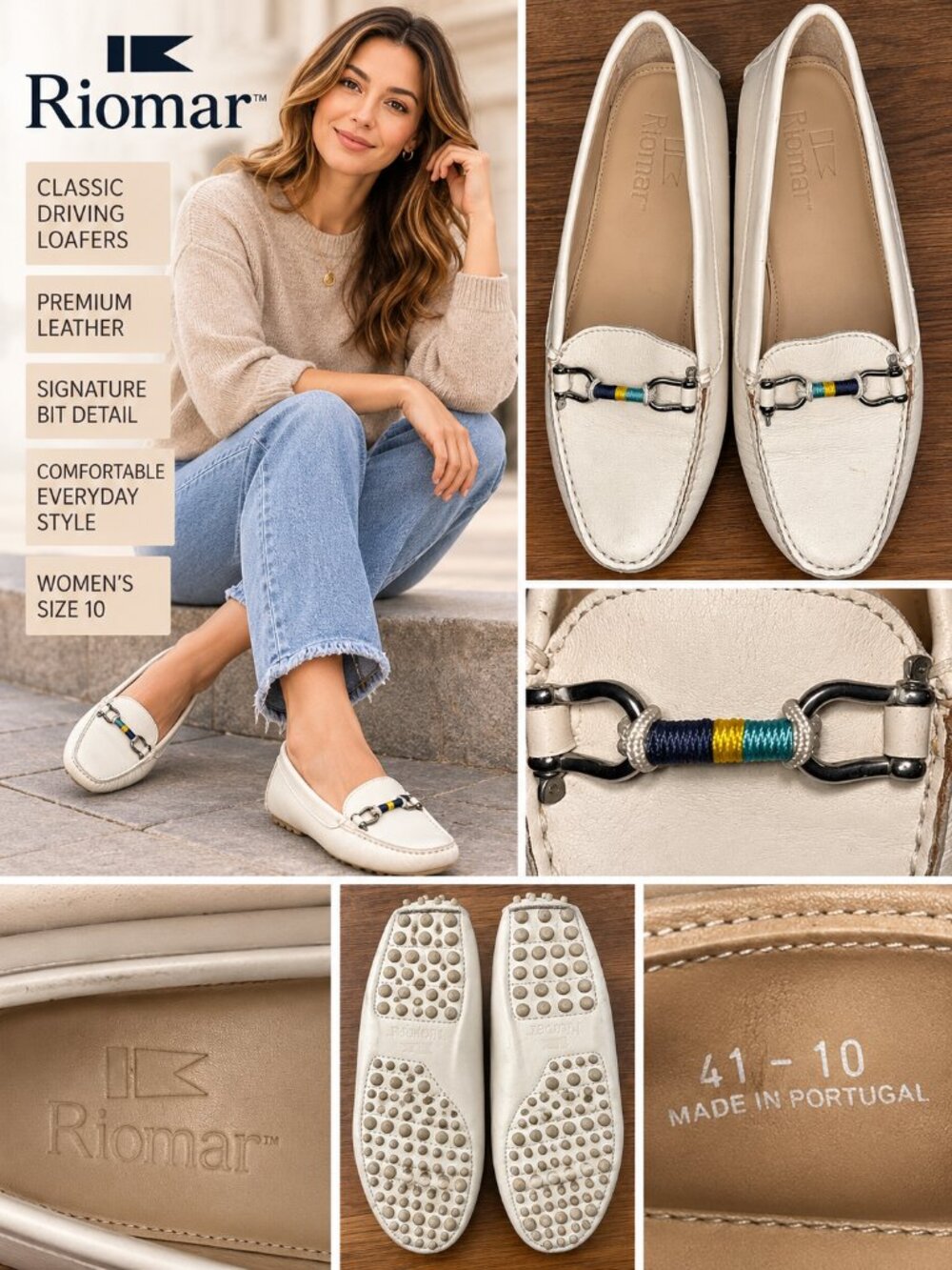 Riomar White Leather Driving Loafers Women’s Size 10 Bit Detail Made Portugal